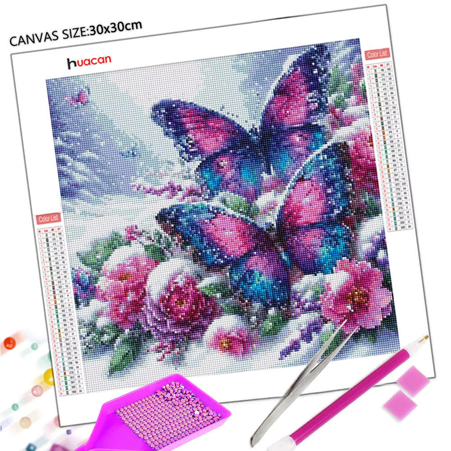 Huacan Diamantgemälde Schmetterling und Blumen als Diamantmosaik in Mehrfarbig, B/H: 20 x 20 cm - Bild 2