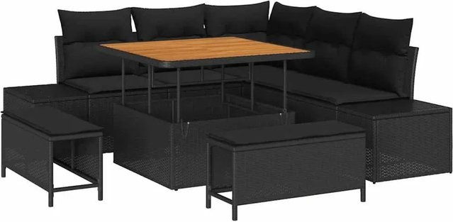 vidaXL Garten-Sofa-Set aus Poly-Rattan in Schwarz mit 8 Teilen und Kissen in L-Form - Bild 1