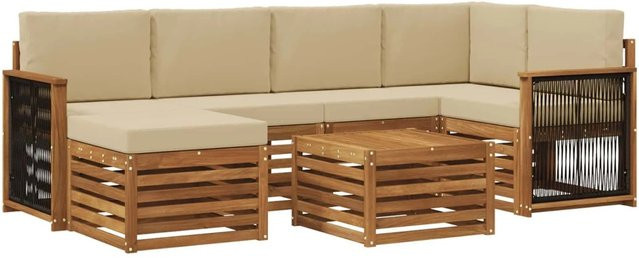 vidaXL Ecksofa Set 6-teilig aus massivem Akazienholz und wetterfestem Polyester in Natur-Beige - Bild 1