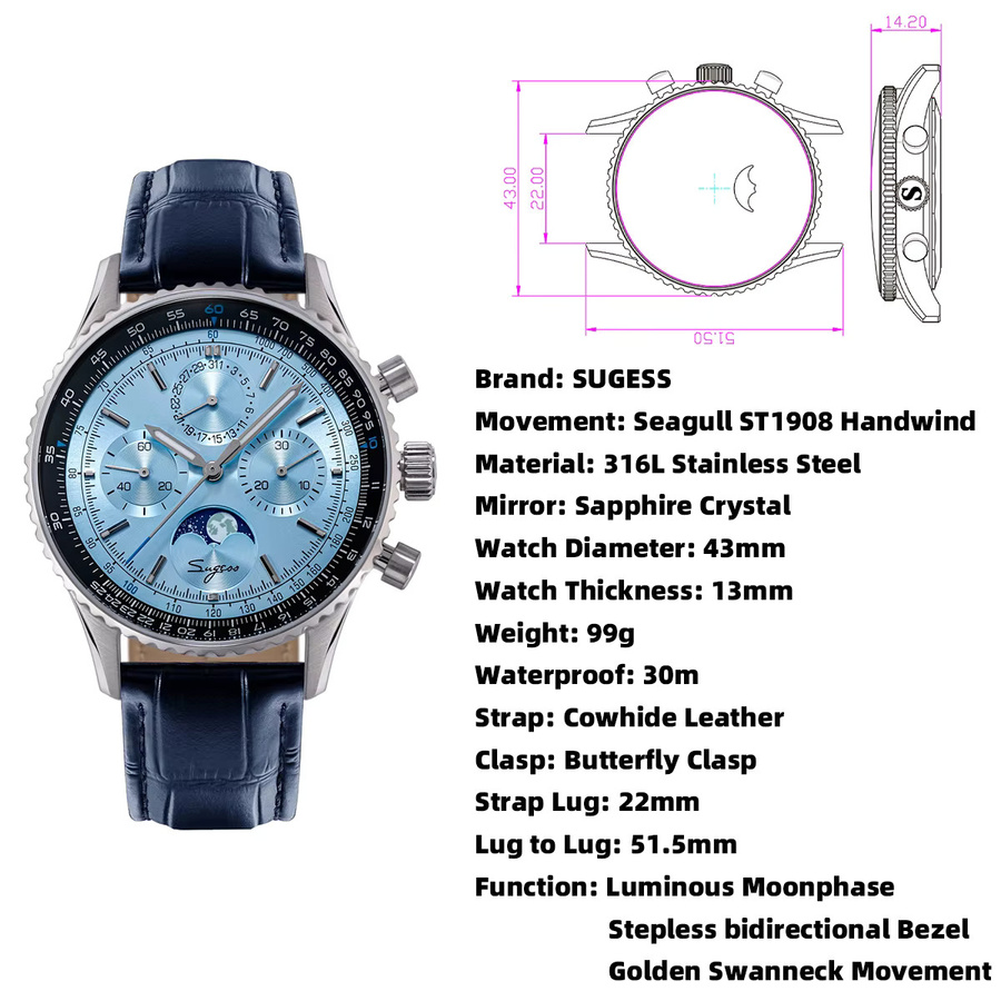 Sugess Chronograph, Automatik, Edelstahl, Blau, Leder, Herren - Bild 4