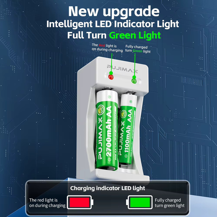 PUJIAMX Schnellladegerät für AA, AAA, C und D NI-MH Akkus mit LCD-Display und USB Typ-C Kabel, Weiß - Bild 3