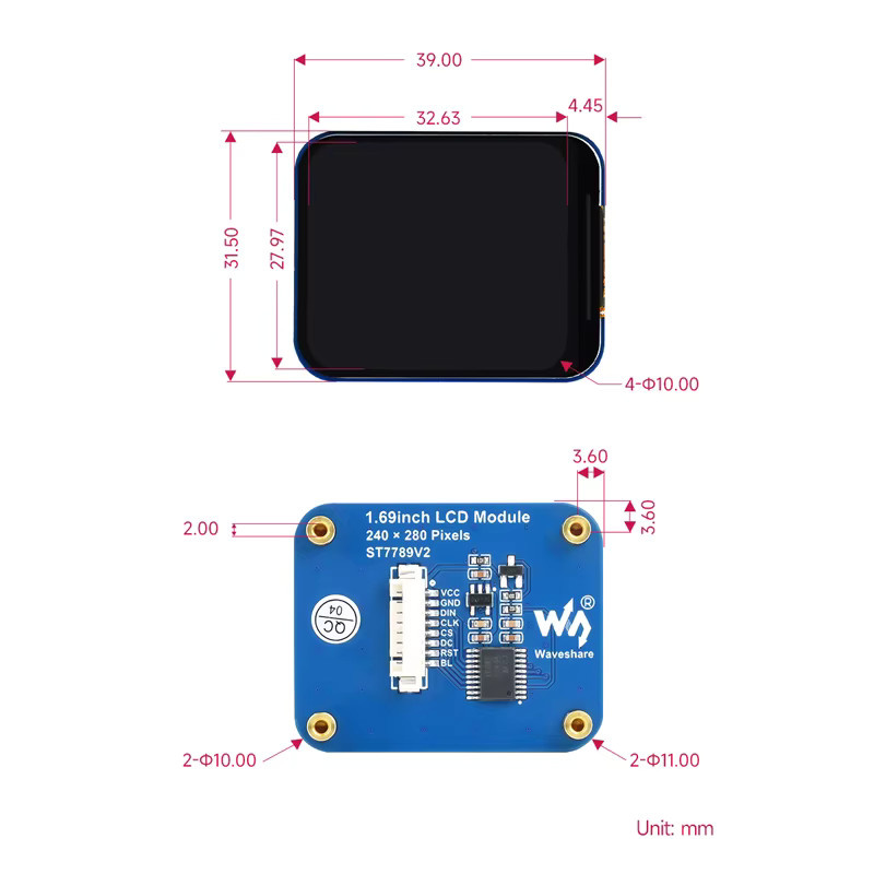 SHCHV 1,69 Zoll LCD IPS Anzeigemodul mit ST7789V2 SPI-Schnittstelle und 262K Farben für Arduino, ESP32 und Raspberry Pi, Auflösung 240 x 280 Pixel - Bild 3