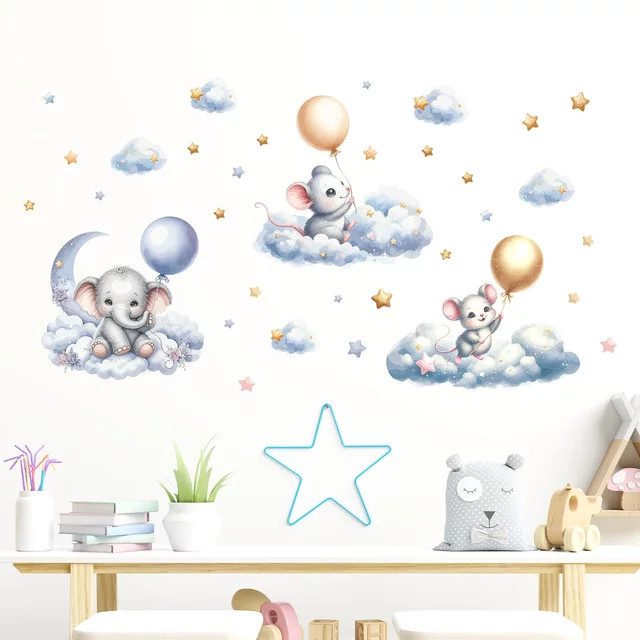 BRUP Wandaufkleber für Kinderzimmer mit Wolken, Sternen, Cartoon Maus und Elefant in Mehrfarbig - Bild 1
