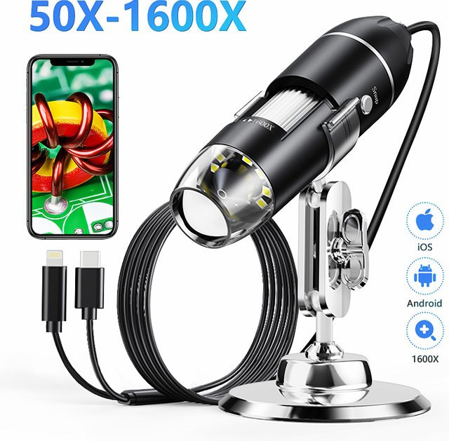Hayve USB-Mikroskop mit 1600x Zoom und 1920P HD Auflösung, digitales elektronisches Mikroskop in Schwarz für iOS und Android mit 8 LEDs - Bild 1