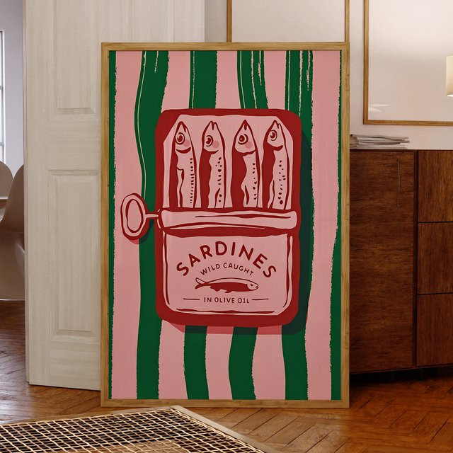 Potdemiel Vintage Cartoon Wandkunstdruck Olivenöl und Sardinen als Leinwandgemälde in Mehrfarbig - Bild 1