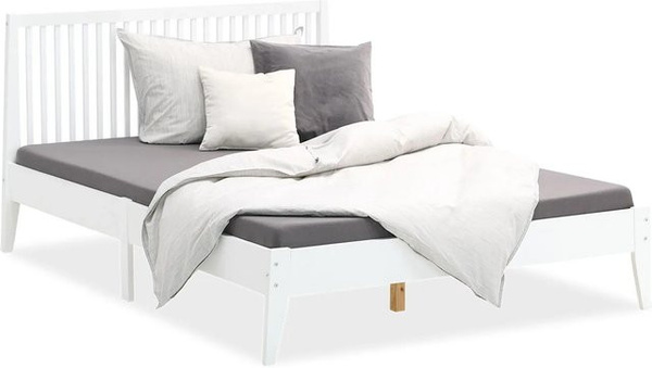 Homestyle4u Doppelbett aus Kiefernholz mit Kopfteil in Weiß, B/T/H: 140 x 200 x 107 cm