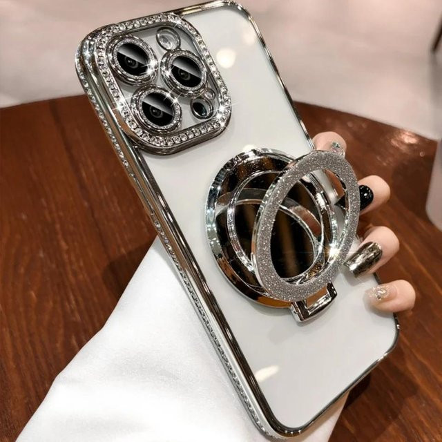Transparente Magnet-Schutzhülle mit Spiegelständer und Glitzer-Strass für Apple iPhone 16, 15, 14, 13, 12, 11 Pro Max Plus - Bild 1