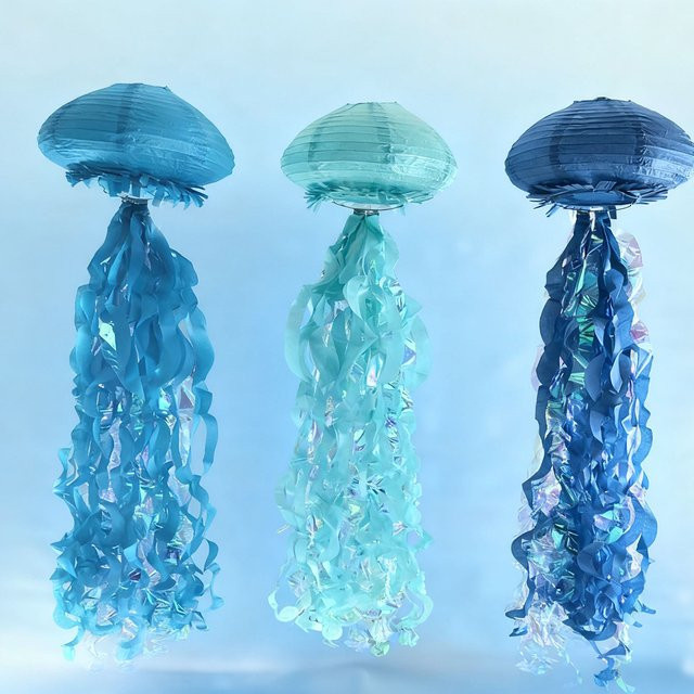 3er-Set Blaue Quallen-Papierlaternen zur Dekoration für Meerjungfrauen- und Unterwasser-Themenpartys, 25,4 cm Durchmesser - Bild 1