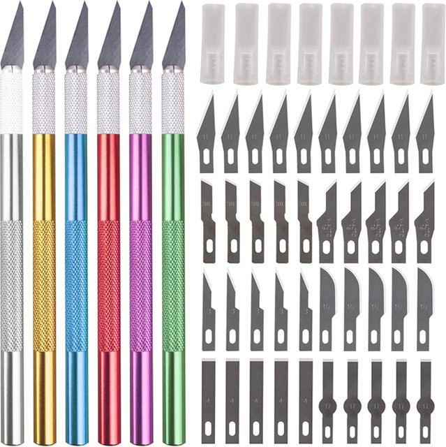 BLAUBUCHT Skalpell-Messer-Set aus Kohlenstoffstahl mit 40 Klingen für Gravur, Handwerk und PCB-Reparatur, Farbe: Silber - Bild 1