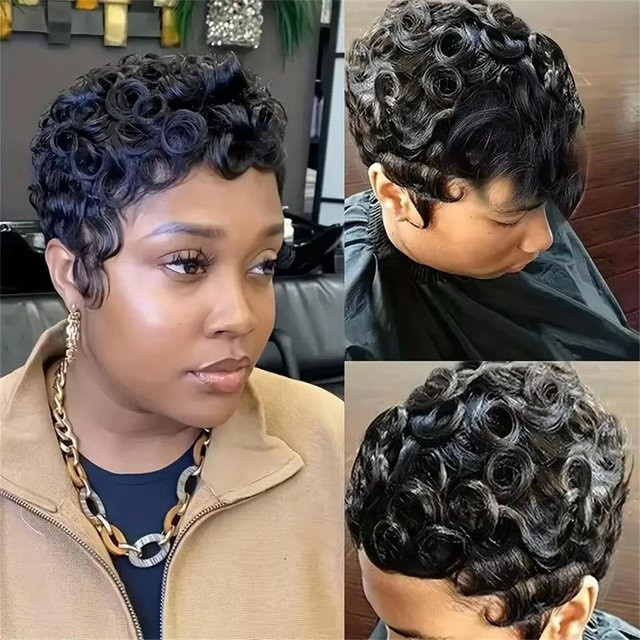 YOUKNOWIG Pixie-Cut-Perücke aus Echthaar, kurz, lockig, schwarz, 210 % Dichte, Damen - Bild 1