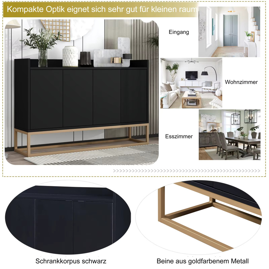 Anajqaqia Küchen-Sideboard Modernes Buffetschrank in Schwarz mit Metallbeinen, B/T/H: 120 x 30 x 80 cm - Bild 5
