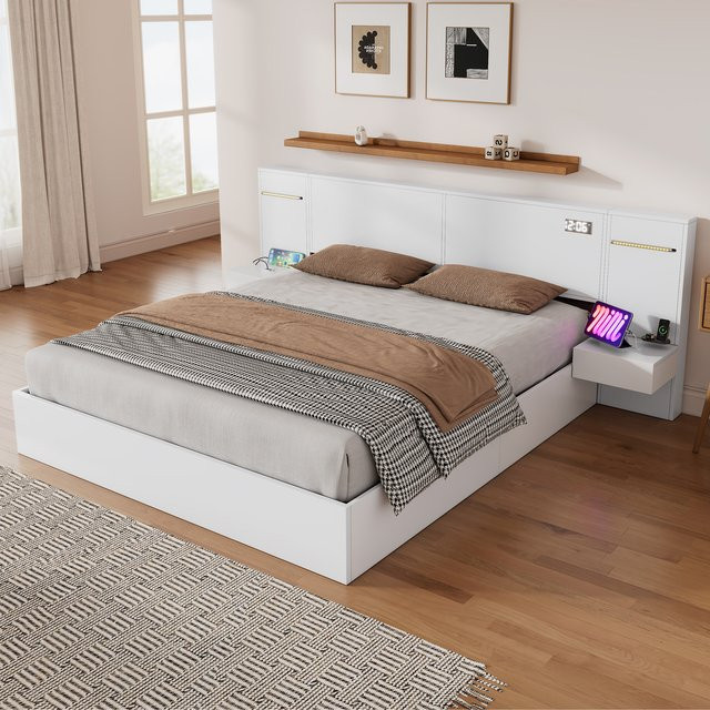KOMHTOM Doppelbett aus Massivholz mit USB-Anschluss, Bluetooth-Lautsprecher, elektronischer Uhr und farbiger LED-Unterbettbeleuchtung in Weiß, B/T: 180 x 200 cm - Bild 1