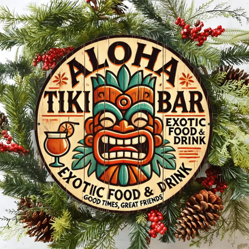 Aloha Tiki Bar Rundes Eisenschild von Potdemiel, Exotische Wandkunst mit Hawaiianischem Motiv in Multicolour, Durchmesser: 20 cm - Bild 5