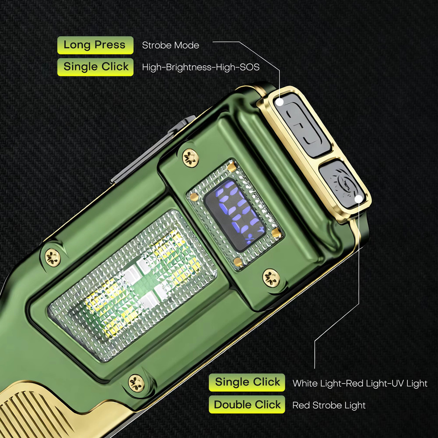 PASIION EDC Taktische Taschenlampe mit 2000LM Dual-LED, USB-C wiederaufladbar, COB-Seitenlicht in Weiß, Rot und Grün, LCD-Display und magnetischem Clip - Bild 3