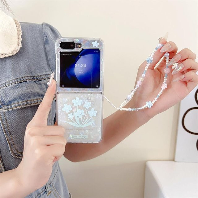 GAGP Luxus Handyhülle Tulpenblume mit Armband und Handschlaufe für Samsung Galaxy Z Flip 6 5G, Z Flip 5, Z Flip 4, Z Flip 3, Muschelmuster, Transparent/Multicolor - Bild 1