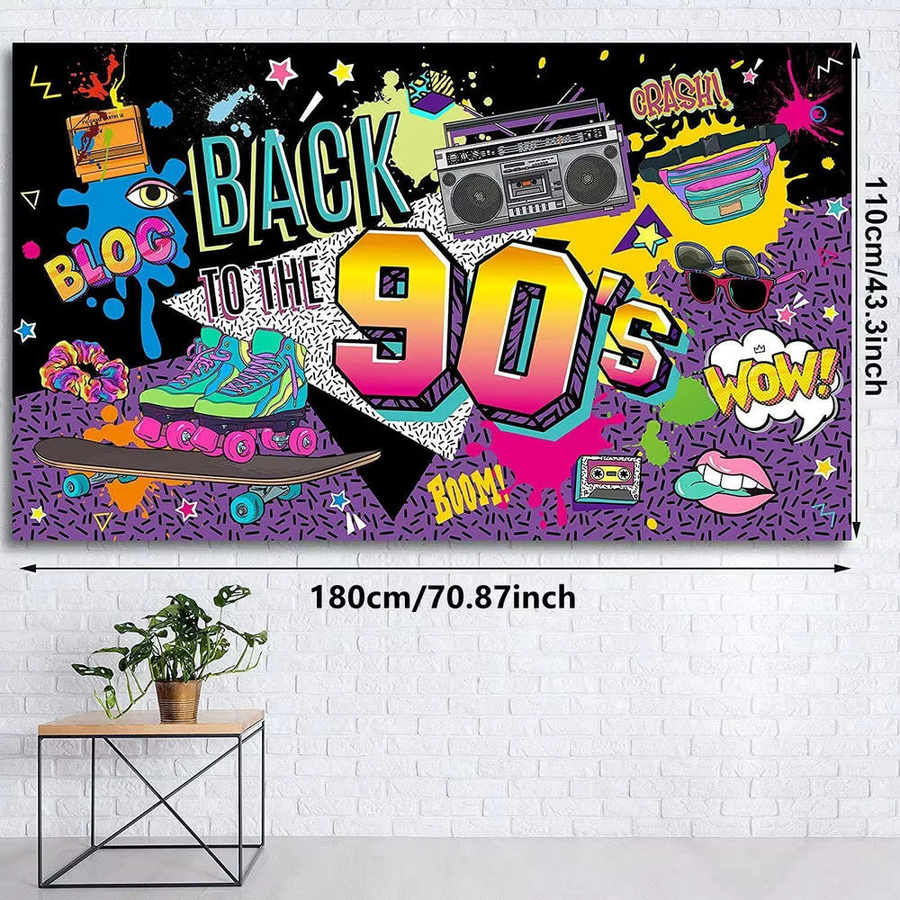 VIKAMA Retro Party Hintergrund Banner im 80er 90er Jahre Stil mit Graffiti und Skateboard Design, Mehrfarbig - Bild 6