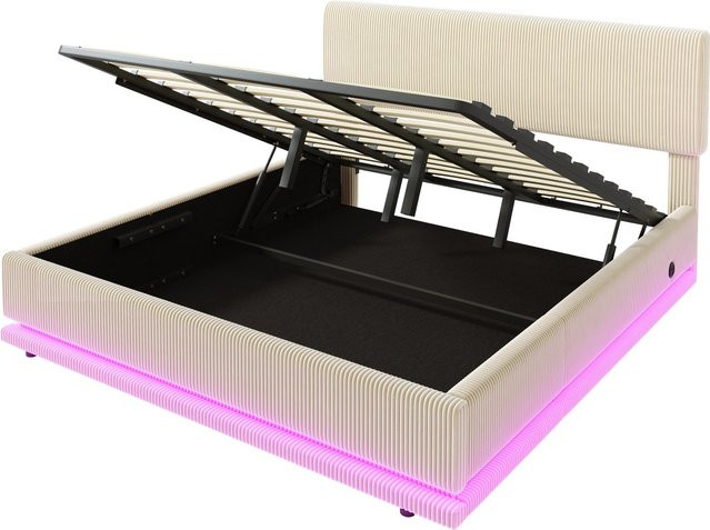 okwish Polsterbett Beige mit LED-Kopfteil und USB-Anschluss, B/T/H: 180 x 200 x 112 cm - Bild 1