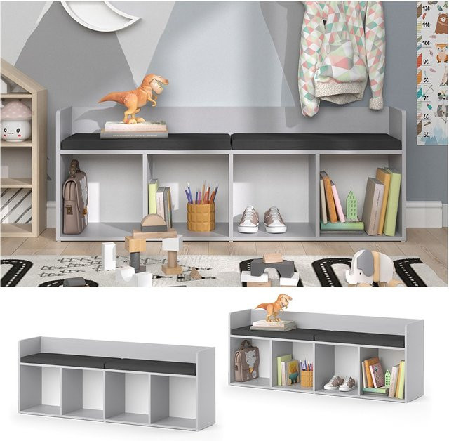 Vicco Kinderzimmer Sitzbank Luigi mit Regal und 4 Fächern, Hellgrau, B/T/H: 142 x 53 x 53 cm - Bild 1