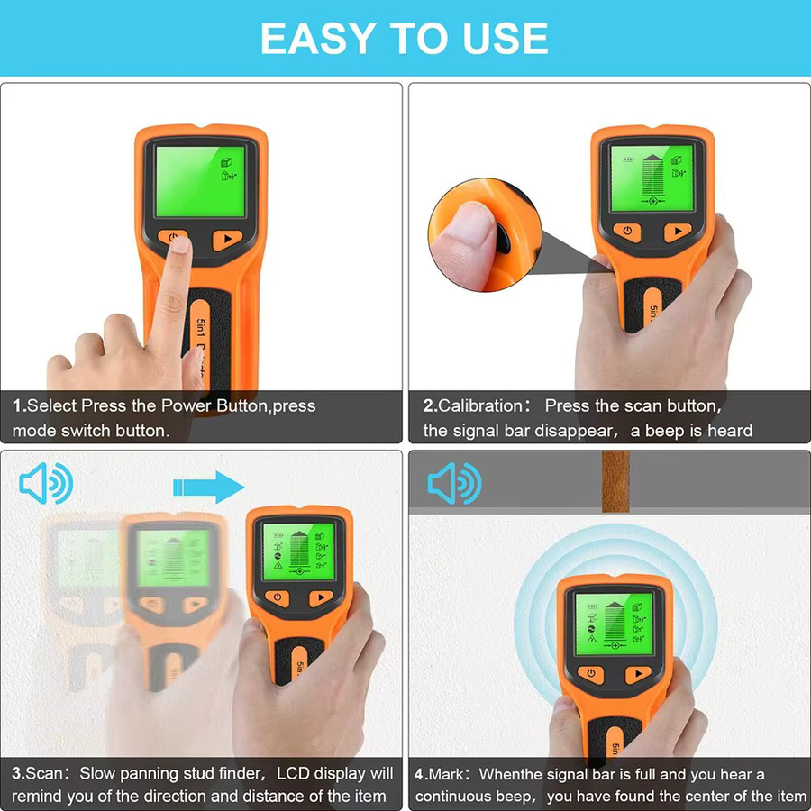 Voktta HW430 5in1 Wandbolzen-Detektor mit LCD-Display, multifunktionales Handgerät für Holz, AC-Draht, Kabel und Metall in Schwarz-Orange - Bild 3