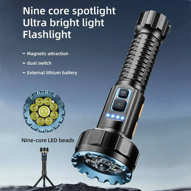 Alonefire Hochleistungs-Taschenlampe mit 30W LED und COB-Licht, USB-aufladbar, Schwarz - Bild 1