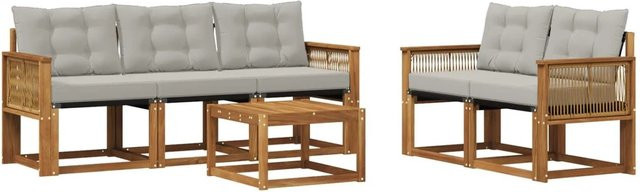 vidaXL Outdoor-Sofagarnitur aus Akazienholz mit Textilene und Kissen, 6-teilig, Braun und Hellgrau - Bild 1