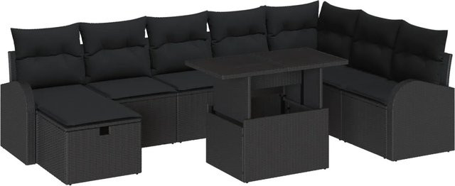 vidaXL 9-teiliges Gartensofa-Set aus Poly Rattan in Schwarz mit Kissen und Tisch in L-Form - Bild 1