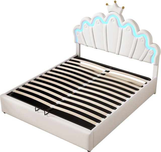 KOMHTOM Gepolstertes Prinzessinnenbett für Kinder in Weiß mit einstellbarer Stimmungsbeleuchtung und Lift-up-Funktion, B/T/H: 140 x 200 x 131 cm - Bild 1