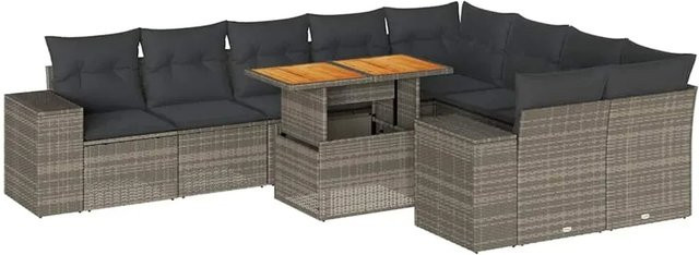 vidaXL 10-teilige Garten-Sofagarnitur aus Poly-Rattan und Akazienholz in Grau mit Kissen - Bild 1