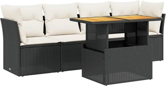 vidaXL 5-teilige Garten-Sofagarnitur mit Kissen aus Poly-Rattan und Akazienholz in Schwarz - Bild 1