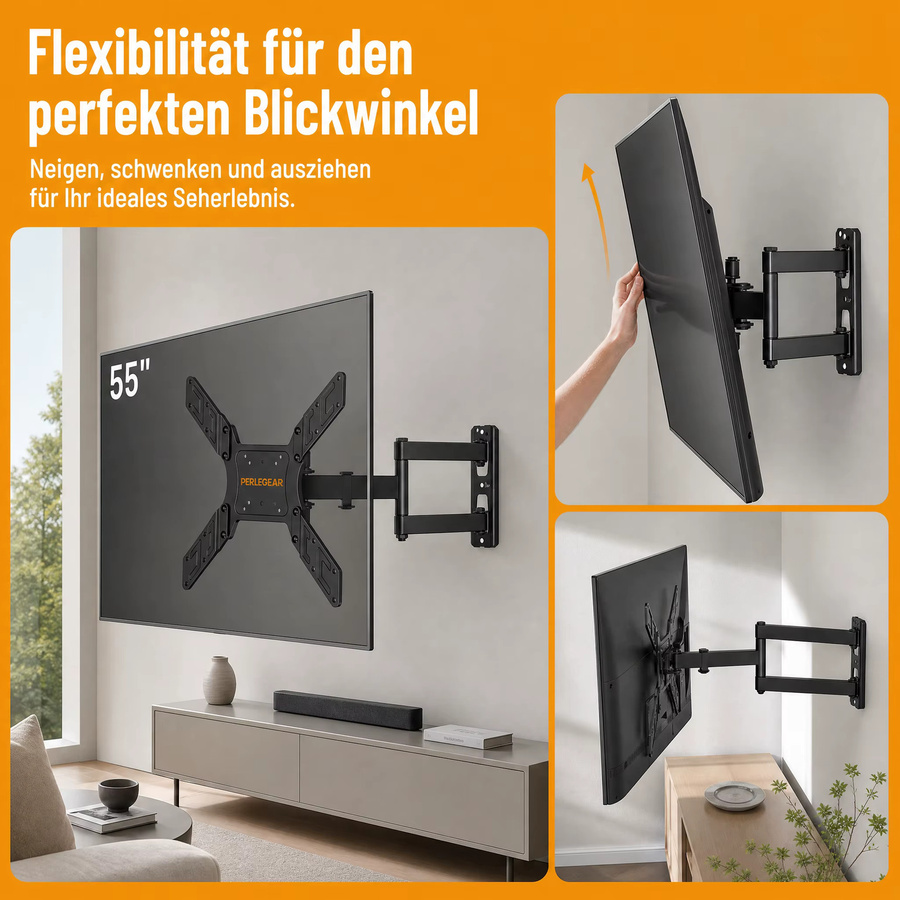 Perlegear TV Wandmontage in Schwarz für flache und gebogene Fernseher oder Monitore von 26 bis 60 Zoll, bis zu 40 kg, maximale VESA-Montagegröße 400 x 400 mm - Bild 4