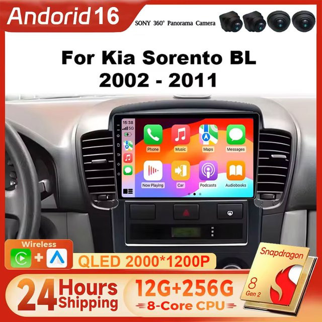 TIEYEZ Android 16 Autoradio mit Carplay und GPS Navigation für Kia Sorento BL 2002 - 2011, 2DIN Multimedia Video Player mit 5G Wifi, Schwarz - Bild 1