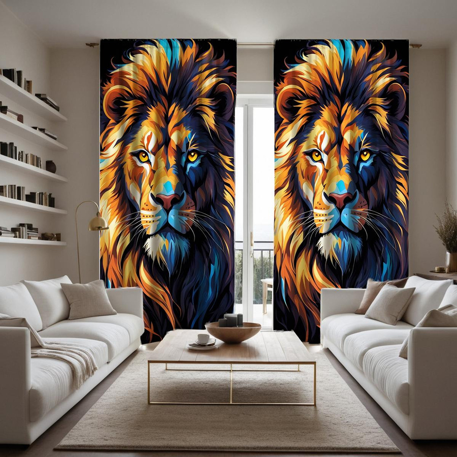 2 Stück dekorative Vorhänge mit Afrikanischem Löwe Motiv in Gelb, digital bedruckt, semi-transparent, B: 132 cm, H: 160 cm - Bild 2
