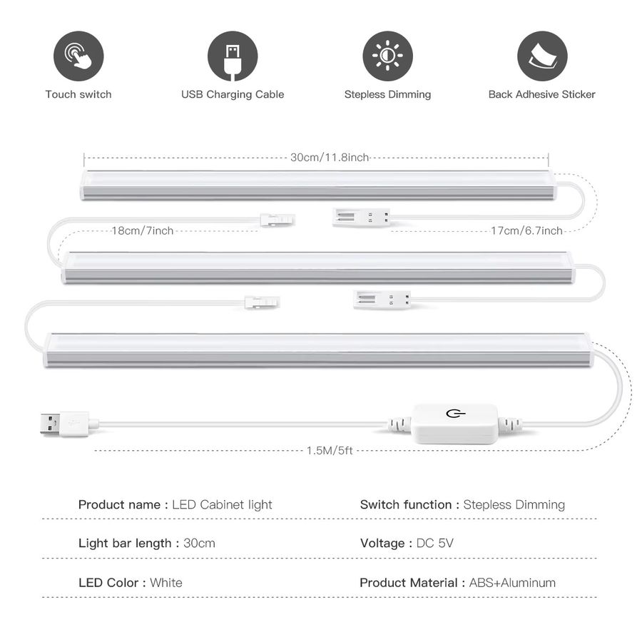 Lcamaw 3er Set LED Bar Lampen zur Serienverbindung, USB-betrieben, dimmbar per Touch-Schalter, Unterbauleuchten für Küche und Schrank, Farbe: Weiss - Bild 2