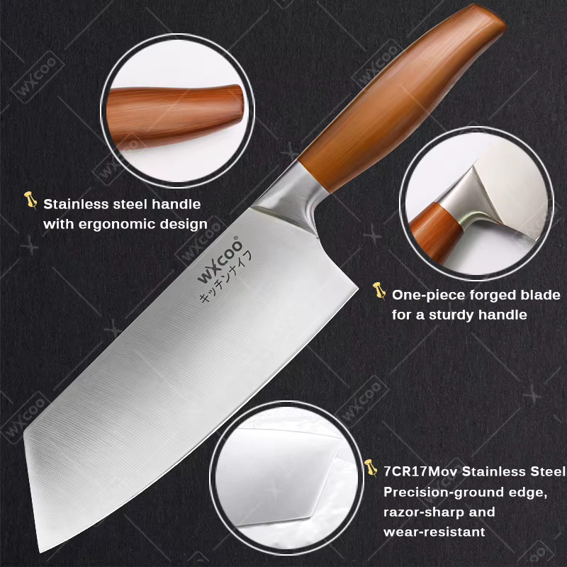 WXCOO Profi Küchenmesser-Set aus Edelstahl in Silber mit Holzdetails inklusive Schere, Schäler und Schneidebrett - Bild 2