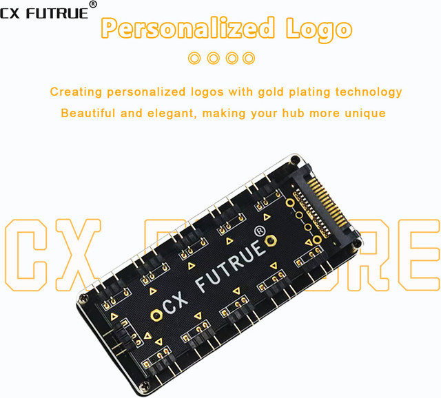 CX FUTRUE 10-Wege ARGB Lüfter-Hub, Vergoldeter Logo-PC-Lüfterverteiler aus transparentem Acryl, 5V 3-Pin Lüftersteuerung für deine PC-Kühlung in Schwarz und Gold - Bild 1