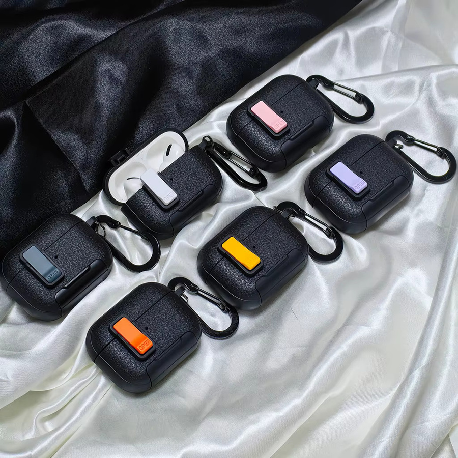 Schutzhülle mit Leder-Textur und Verriegelungsschalter für Apple AirPods 4, Pro 2 und Pro 3 in Schwarz und Grün - Bild 3