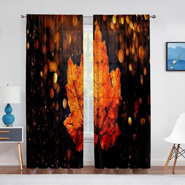 Transparenter Tüllvorhang mit herbstlichem Ahornblatt-Design in Orange, Breite: 150 cm, Höhe: 250 cm - Bild 1
