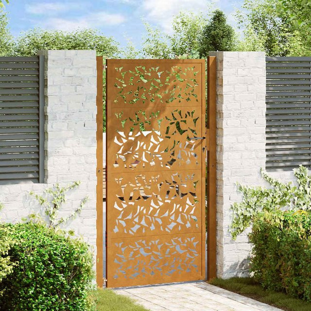 vidaXL Gartentor aus Stahl mit Blattdesign in Braun, B/H: 110 x 205 cm - Bild 3