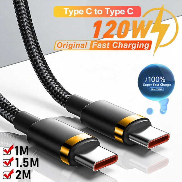 Hochwertiges USB-C zu USB-C Schnellladekabel mit 120W PD-Unterstützung in Schwarz und Gold - Bild 1