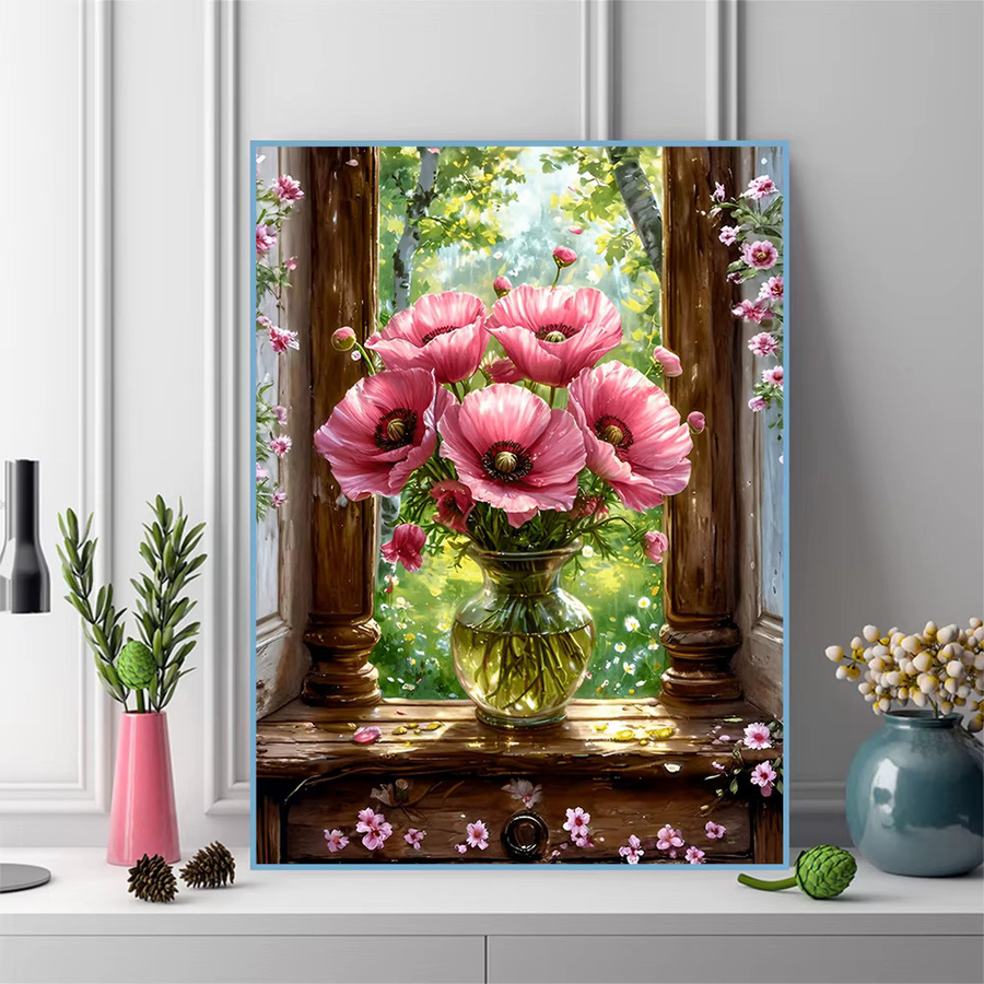 Evershine Diamantgemälde Mohnblumen-Motiv in Rot, rundes DIY-Mosaik-Set zur Strass-Stickerei als Fensterdekoration, B/D: 30 x 30 cm - Bild 3