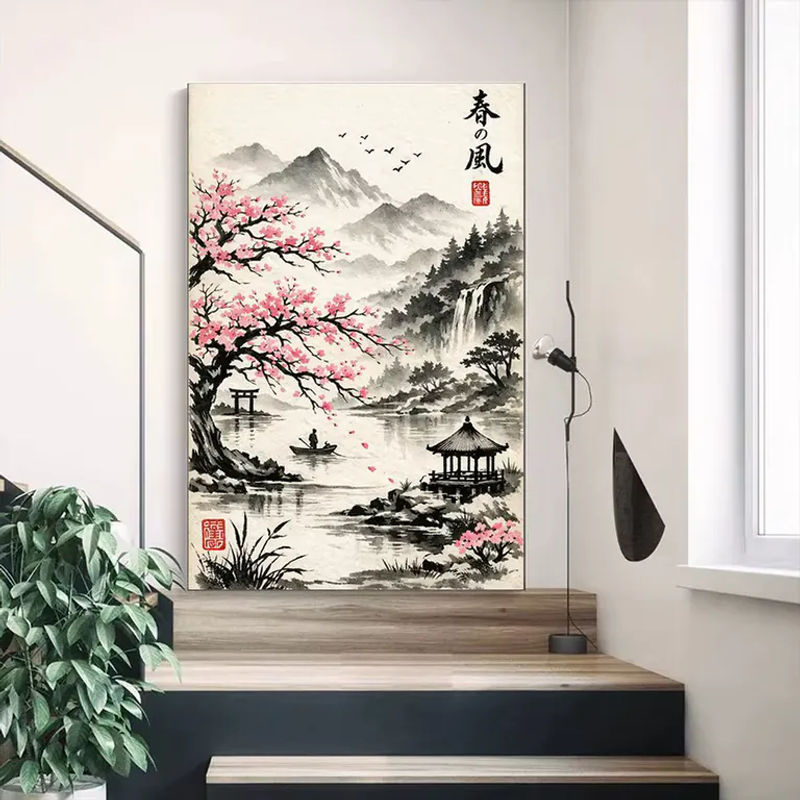 Potdemiel Leinwanddruck Japanische Tuschmalerei mit Kirschblüten und Landschaft im orientalischen Stil, Mehrfarbig, Hochformat - Bild 2