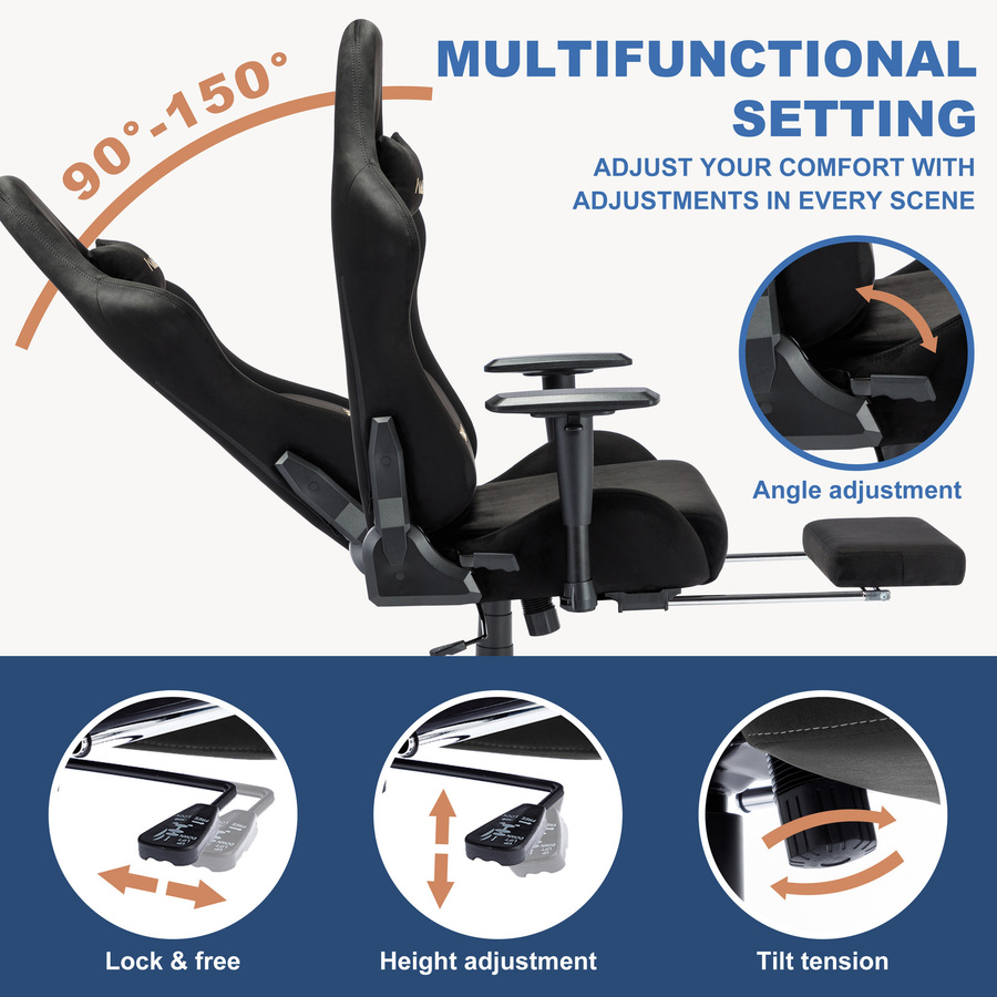 ANDYOU Gaming Chair Schwarz mit Fußstütze, atmungsaktiver Stoff und verstellbarer Kopfstütze, drehbar und ergonomisch für Home Office und Gaming - Bild 2