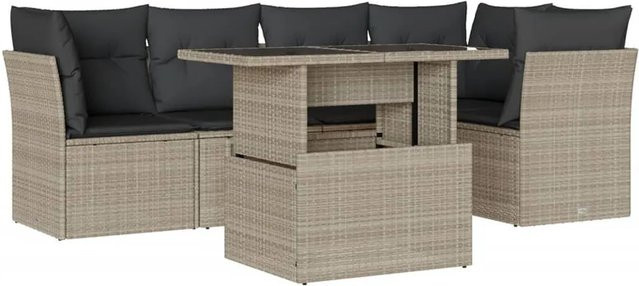 vidaXL 6-teilige Garten-Sofagarnitur aus Poly-Rattan in Hellgrau mit Kissen aus Polyester - Bild 1