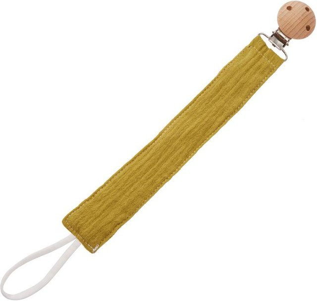 BabyBloom Shop Schnullerclip und Beißring-Band aus Buchenholz mit Baumwolltaschentuch in Gelb - Bild 1