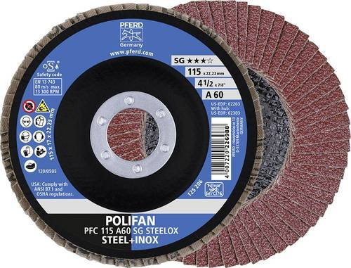 PFERD Steelox Fächerschleifscheibe für Edelstahl, Körnung 60, Durchmesser: 115 mm, Bohrungs-Ø: 22,23 mm, 10 Stück - Bild 1