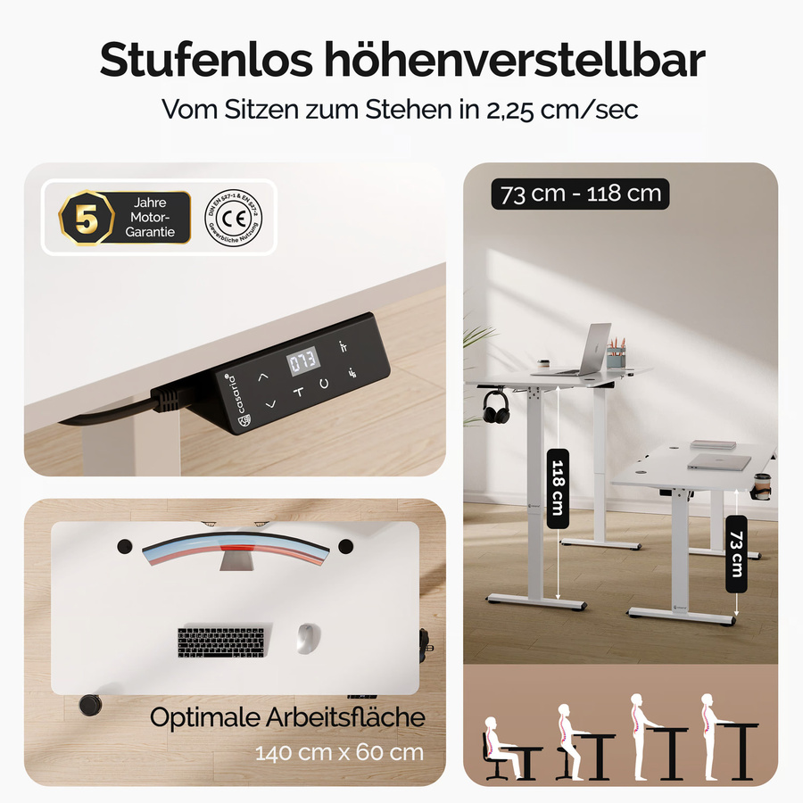 Casaria Elektrischer höhenverstellbarer Schreibtisch in Weiß mit Stahlrahmen B/T/H: 140 x 60 x 73-118 cm - Bild 2
