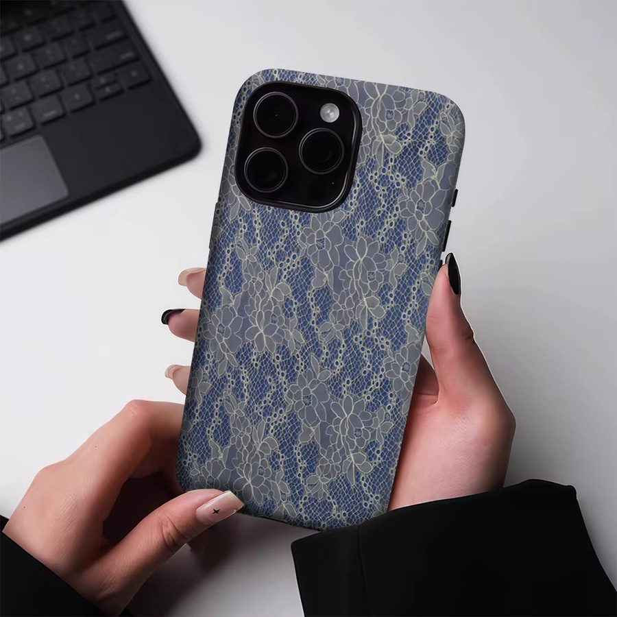 Potdemiel Magnetische Handyhülle mit blauer Spitzentextur für iPhone 17 16 15 14 Pro Max Plus, robuste Doppelschicht-Schutzhülle - Bild 3