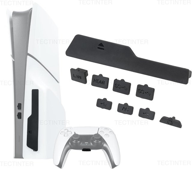 TECTINTER 9-teiliges Silikon-Staubschutz-Set für PS5 Slim und PS5 Pro in Schwarz mit USB-A Schutzsteckern - Bild 1
