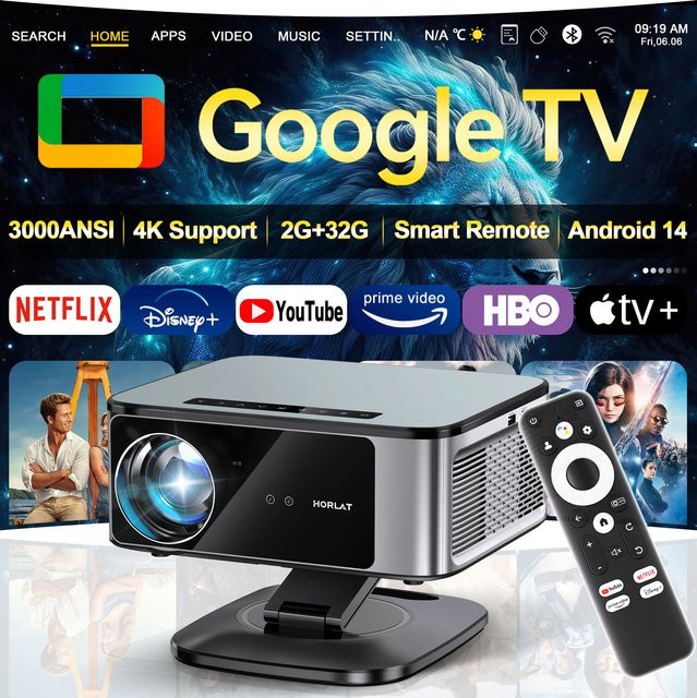 HORLAT Google TV Projektor mit 3000 ANSI Lumen, Full HD 1080P, Autofokus, WiFi 6 und 4K Unterstützung für dein Smart Home Theater - Bild 1