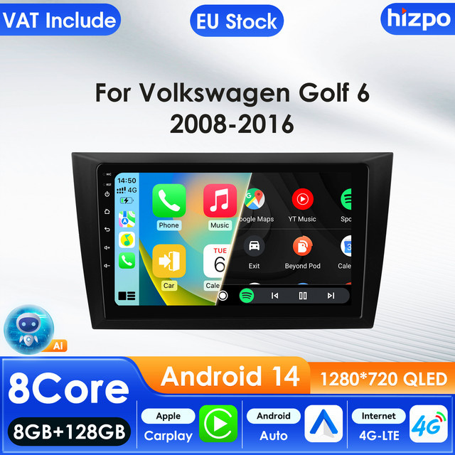 Hizpo Autoradio für Volkswagen Golf 6 (2008–2016) mit CarPlay, Android, GPS, Bluetooth und WLAN in Schwarz - Bild 1